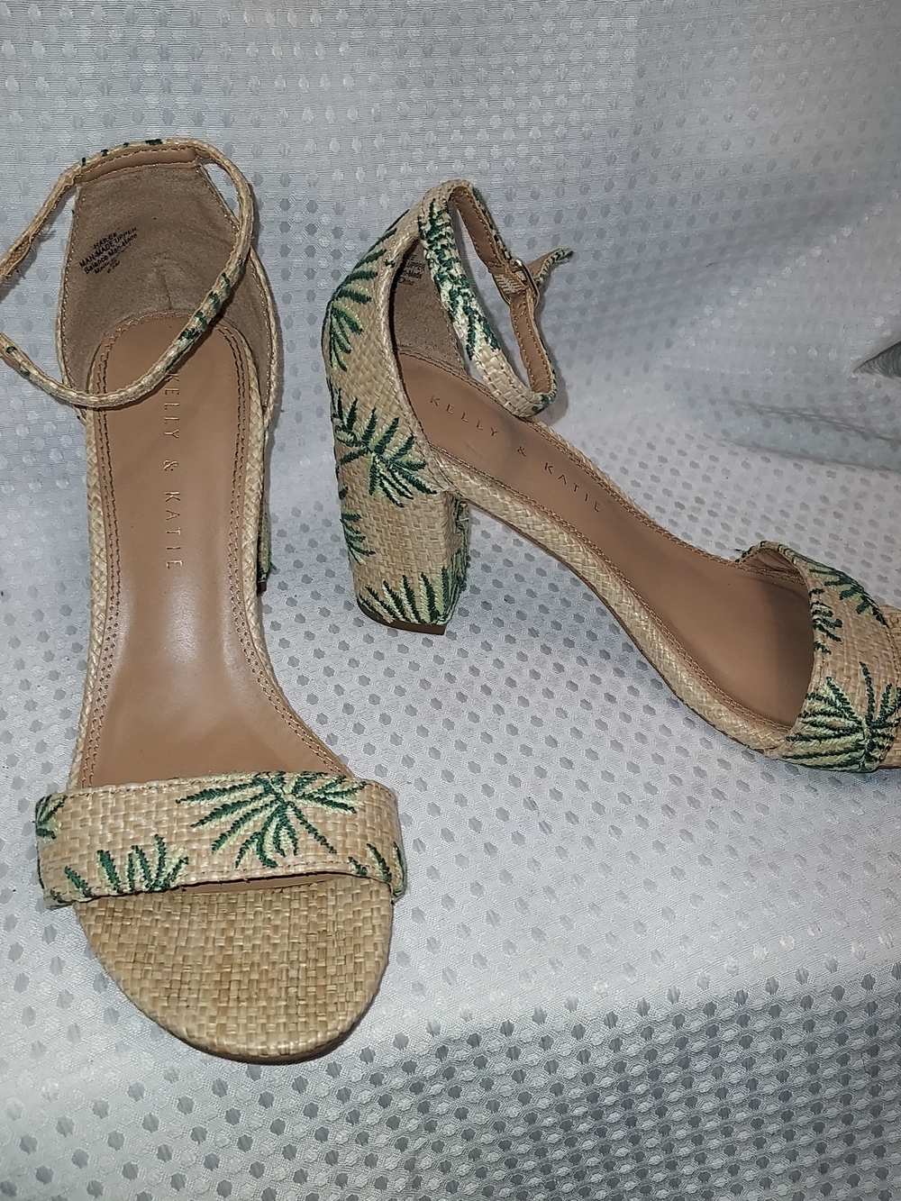 Kelly & Katie Natural Raffia Block Heel Sandals with Green Palm Embroidery